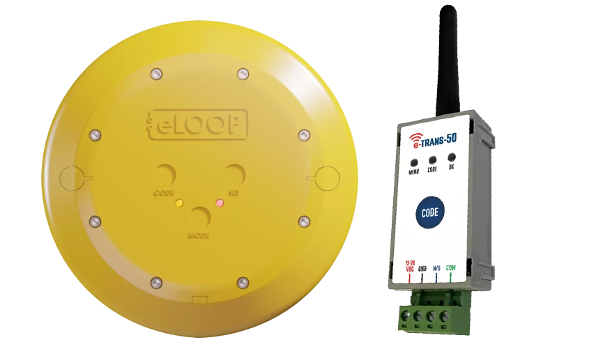 eLoop Mini wireless vehicle detector and e-Trans-50 receiver for gate automation systems