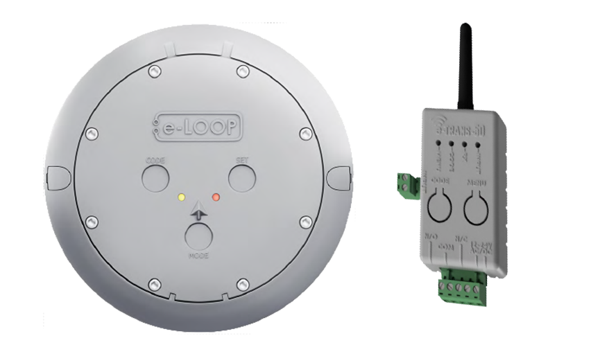 eLoop Mini wireless vehicle detector and e-Trans-50 receiver for gate automation systems